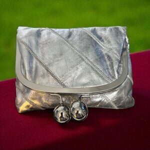 Bebe Purse Silver Leather Fold Over Kiss Lock Clutch Dome Frame Evening Handbag